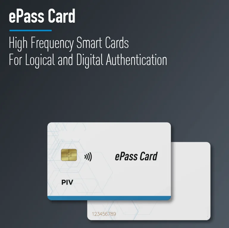 ePass Smart Card supporting Enterprise-grade FIDO2, U2F, PIV, PKI, Mifare & Desfire. Dual interface contact + NFC smart card for passwordless login, physical access, identity and digital authentication.