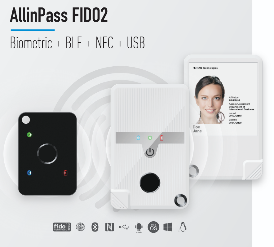 FIDO Security Key AllinPass FIDO2 - Biometric + BLE + NFC + USB